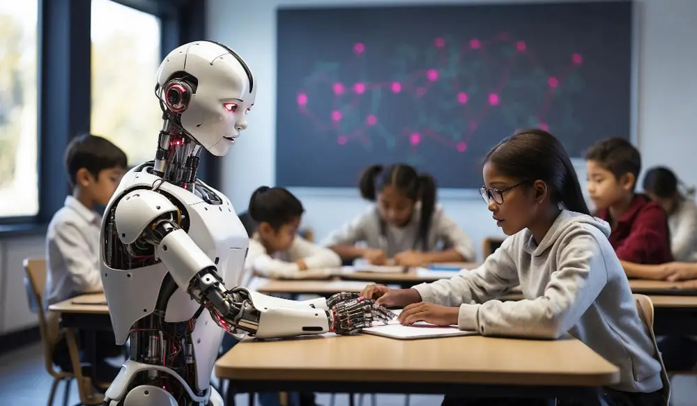 AI in education visual showing a robot supporting students with learning and classroom activities