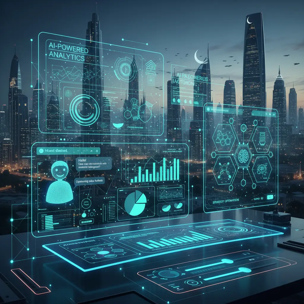 Futuristic city skyline at dusk with transparent holographic dashboards floating in the foreground, displaying AI-powered analytics, charts, graphs, chatbot interface, and data visualizations, representing advanced artificial intelligence, big data, and smart city technology.