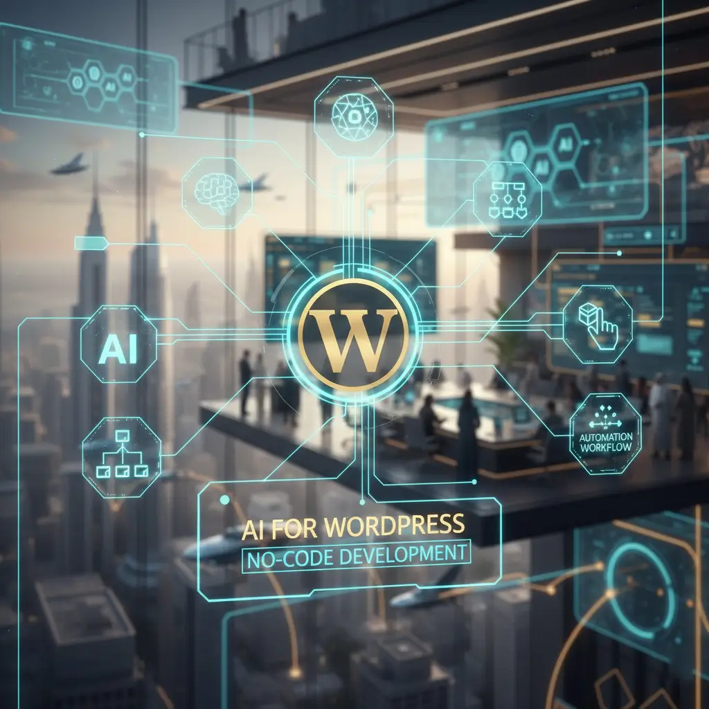 Futuristic illustration showing the WordPress logo at the center of a digital interface, connected to AI icons like machine learning, automation workflow, analytics, and no-code development, set inside a modern high-rise office overlooking a city skyline, with the text “AI for WordPress – No-Code Development.”