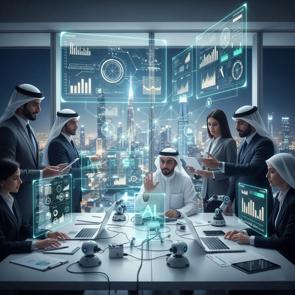 AI consulting and digital transformation visual showing executives analyzing data dashboards and AI-powered systems in a smart workspace