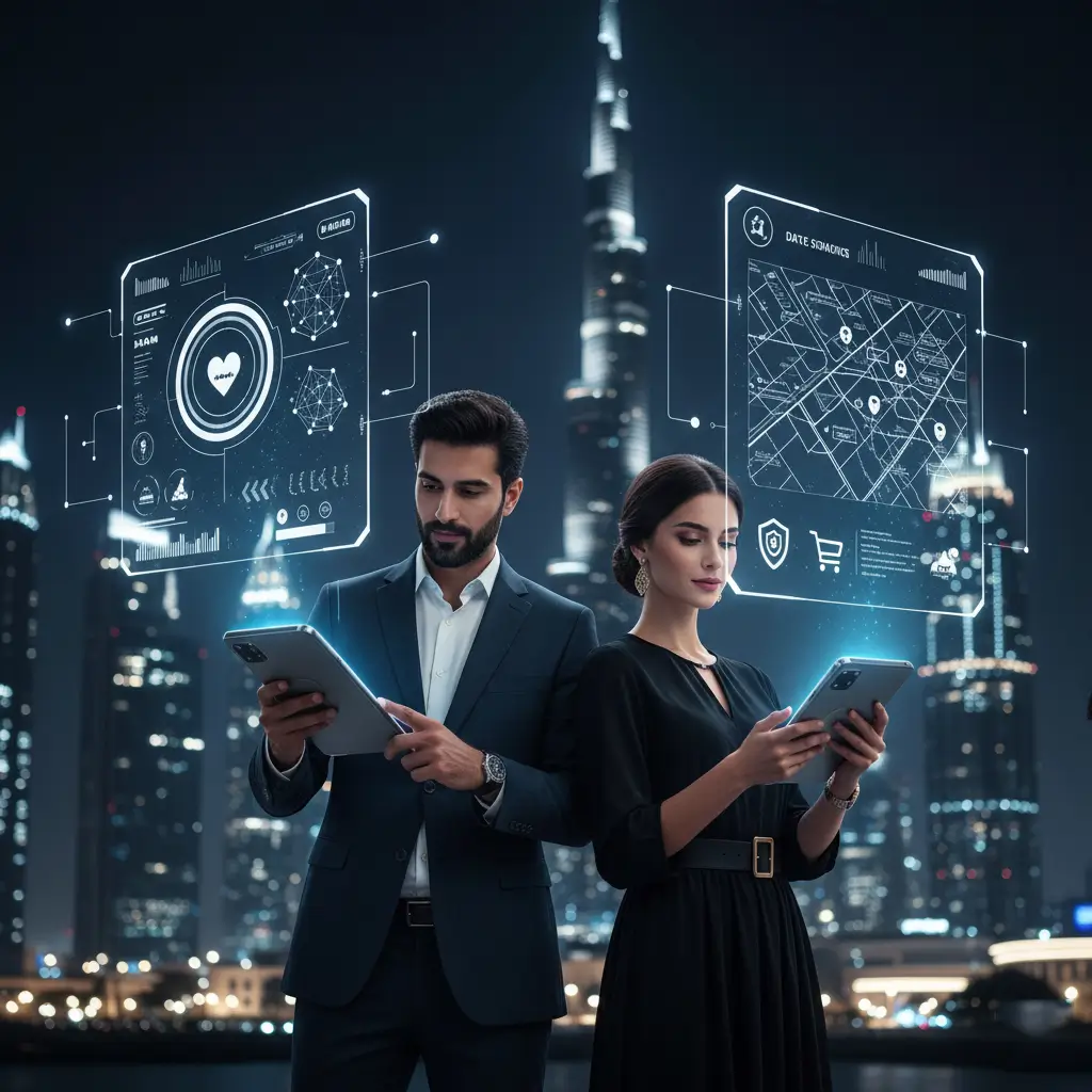 Two professionals standing outdoors at night in a modern city, a man in a suit and a woman in a black dress, both using tablets and smartphones, with futuristic holographic AI dashboards displaying data analytics, maps, and digital interfaces floating around them against a city skyline backdrop.