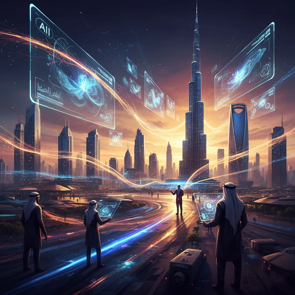 Strategic AI consulting visual showing AI data flows and holographic dashboards guiding smart city transformation