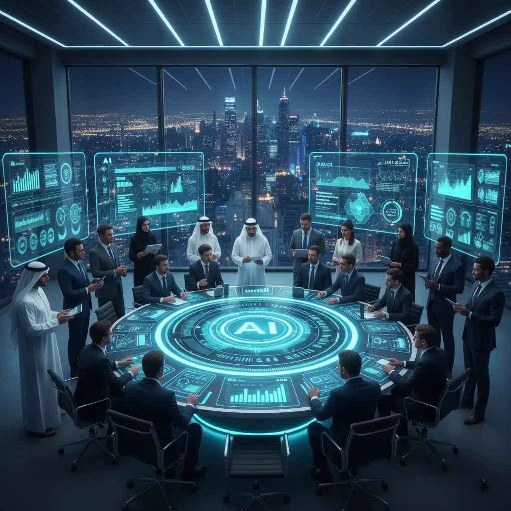 Strategic AI consulting workshop with executives analyzing AI dashboards and enterprise analytics in a smart city office