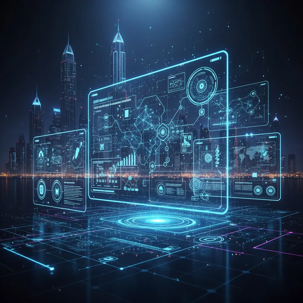 Transparent digital screens showing charts, networks, and AI analytics floating above a modern cityscape, representing intelligent data insights