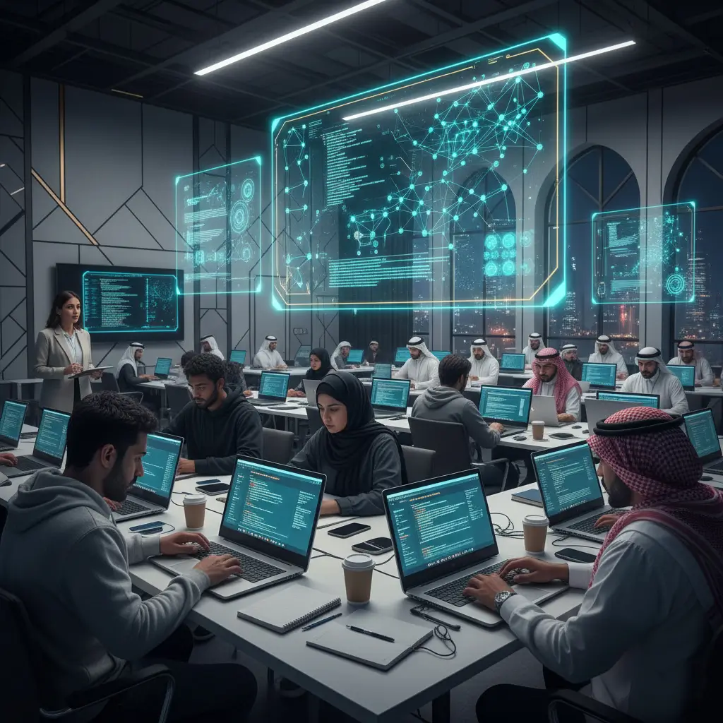 Professionals working on laptops in a collaborative technology lab, with holographic AI dashboards, network diagrams, and live code visualizations projected above the workspace.