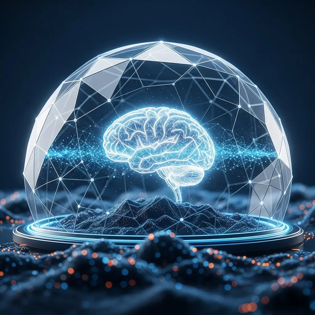 AI security and intelligence visualization showing a protected digital brain within a networked dome