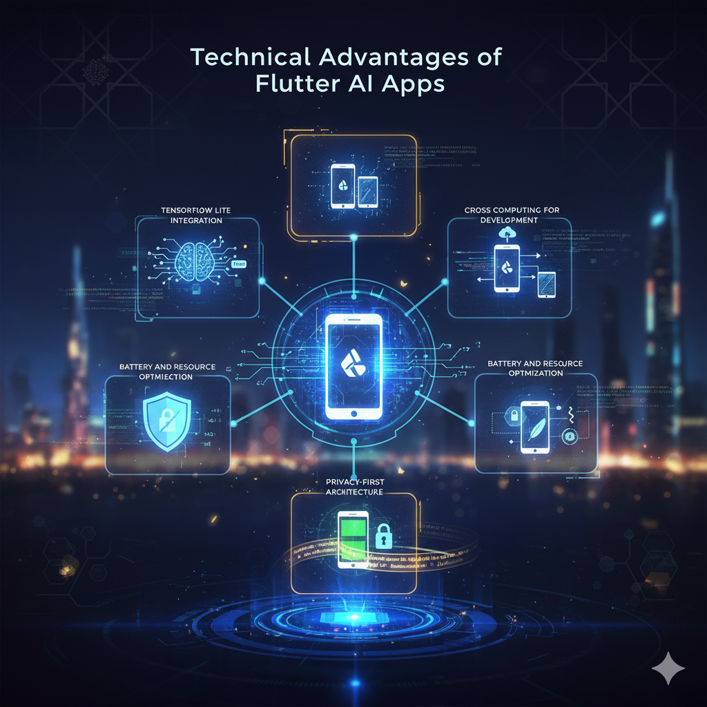 Infographic titled “Technical Advantages of Flutter AI Apps” showing a smartphone with the Flutter logo at the center, connected to icons and labels for TensorFlow Lite integration, cross-platform computing, battery and resource optimization, and privacy-first architecture, set against a futuristic city night background.