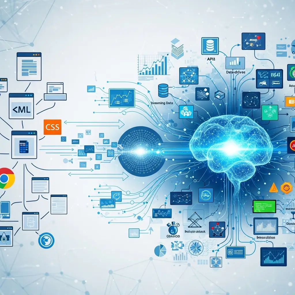 AI system architecture diagram showing data pipelines, APIs, machine learning models, and frontend technologies connected to a central AI engine