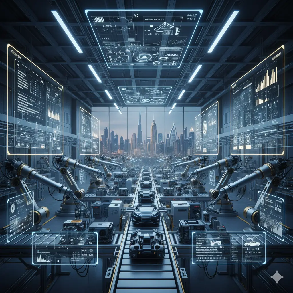 Smart manufacturing visualization showing AI-controlled robotic arms, digital dashboards, and automated production systems
