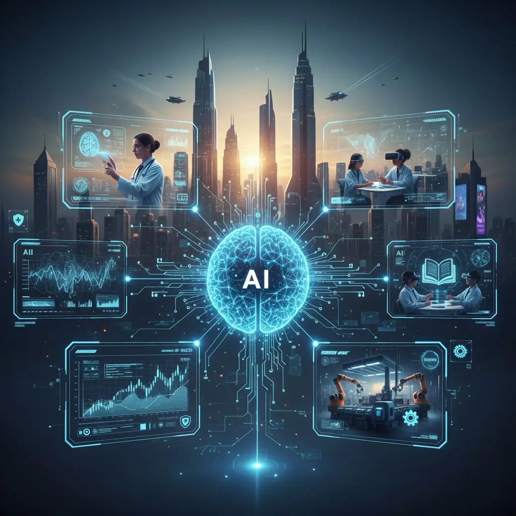 AI consulting and intelligent transformation visual showing AI integration across healthcare, data analytics, education, and industrial automation