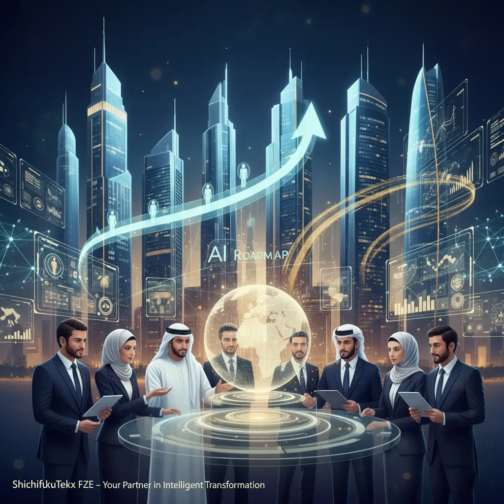 Futuristic cityscape showing executives collaborating on an AI roadmap, representing intelligent transformation and measurable business growth