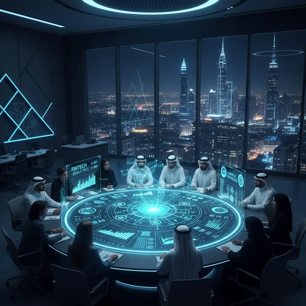 Strategic AI consulting meeting with executives analyzing fintech analytics and AI dashboards in a smart city office