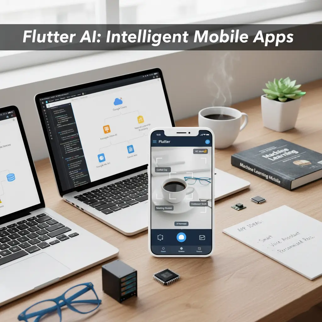 Workspace scene showing a modern desk with two open laptops displaying code and cloud architecture, a smartphone in the center running a Flutter AI app with object recognition on a coffee cup, a steaming coffee mug, a small plant, microchips, glasses, and a book titled “Machine Learning,” with the heading “Flutter AI: Intelligent Mobile Apps” at the top.
