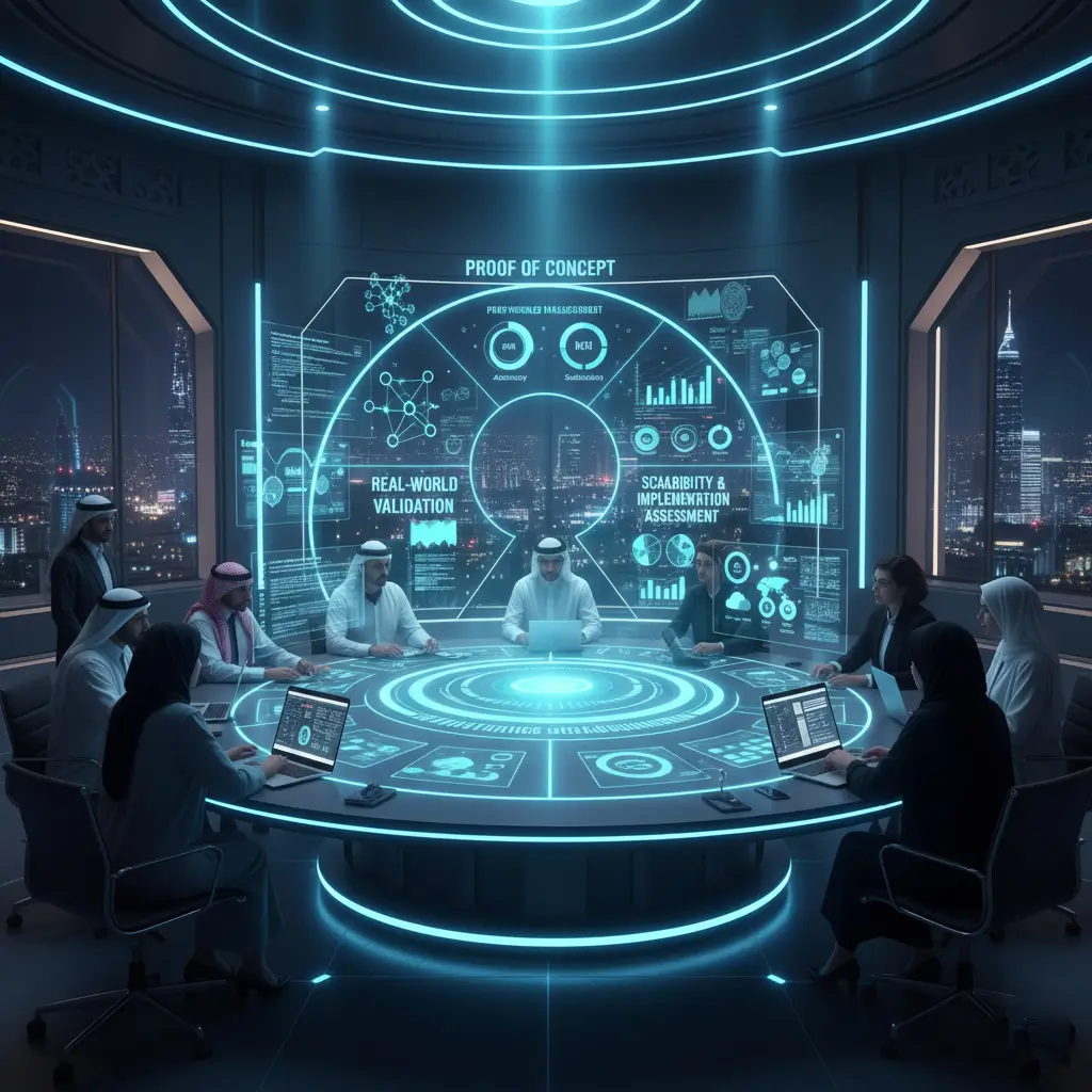A group of executives seated around a circular digital table in a futuristic boardroom, analyzing AI proof of concept, real-world validation, and scalability metrics displayed on holographic screens.