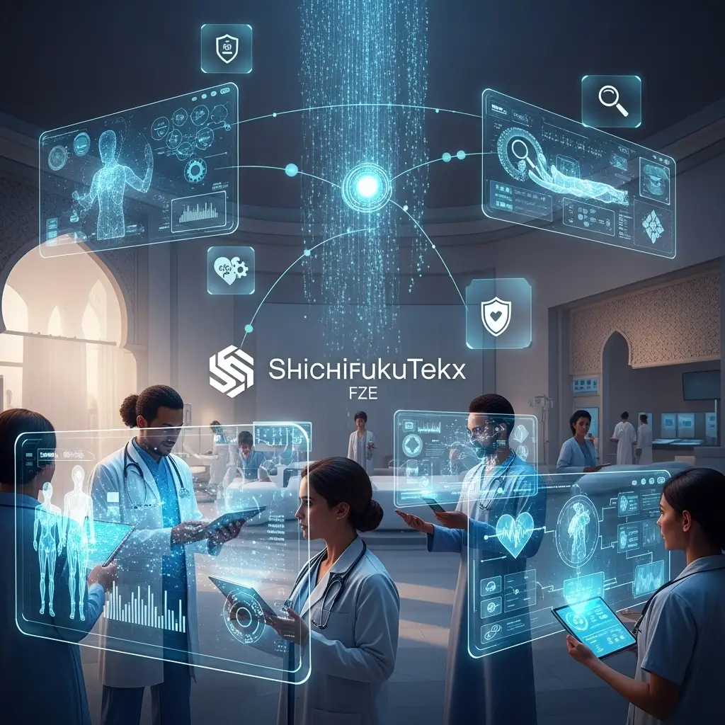 AI healthcare platform visualization showing clinicians using digital dashboards, patient analytics, and secure data systems