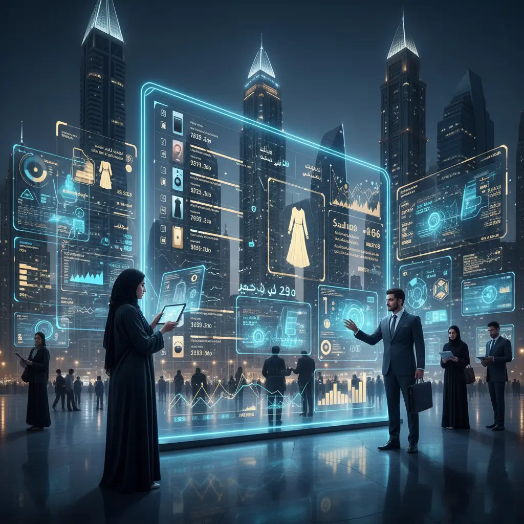 AI consulting and predictive analytics visualization showing digital retail dashboards and real-time business insights