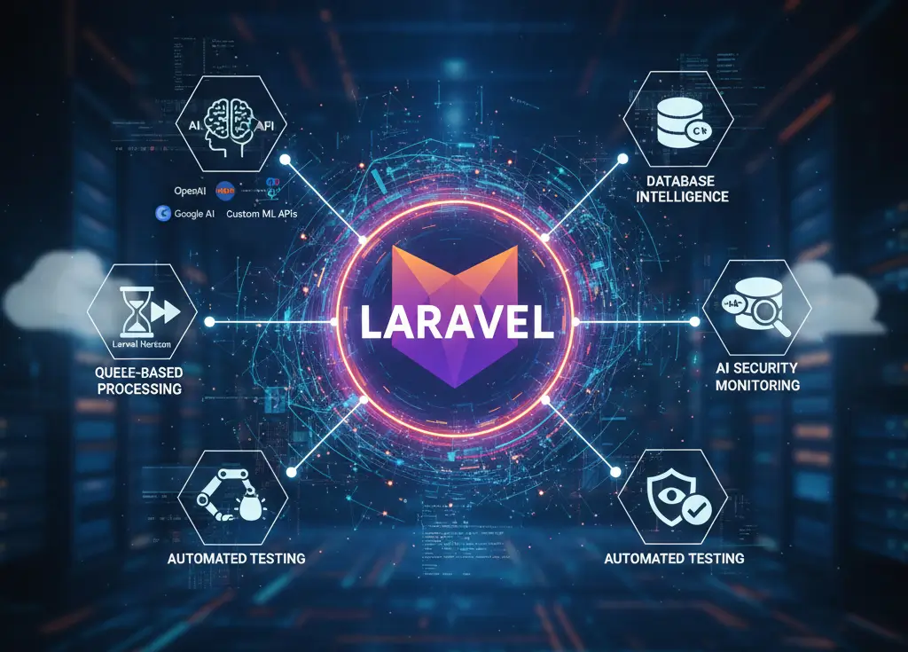 Technology infographic with the Laravel logo at the center, surrounded by connected icons representing AI APIs, database intelligence, AI security monitoring, queue-based processing, and automated testing, set against a futuristic digital network background.