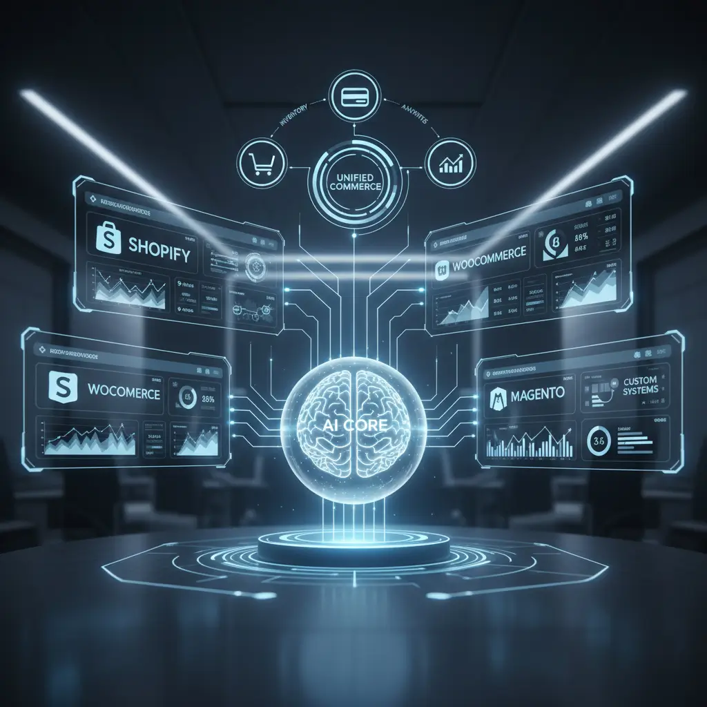 AI-powered unified commerce solution integrating Shopify, WooCommerce, Magento, and custom e-commerce systems