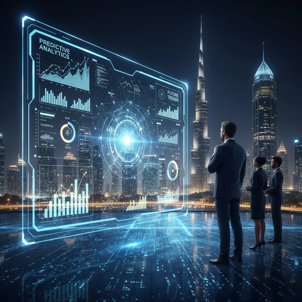 Predictive analytics and AI consulting visualization showing executives analyzing future trends and data insights