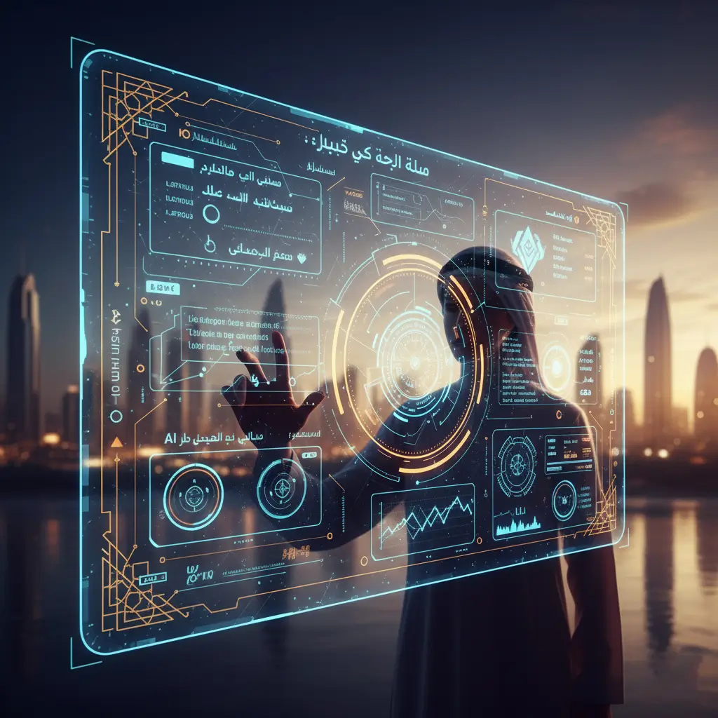Silhouetted person interacting with a large transparent holographic interface filled with futuristic AI dashboards, Arabic-style digital text, charts, and circular data visualizations, set against a sunset city skyline, representing advanced artificial intelligence and smart technology control systems.
