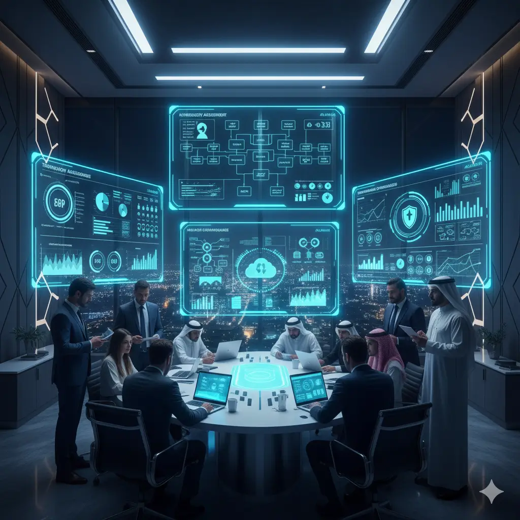 A multinational leadership team gathered in a high-tech boardroom, analyzing AI analytics, cloud infrastructure data, and cybersecurity metrics on interactive digital displays.