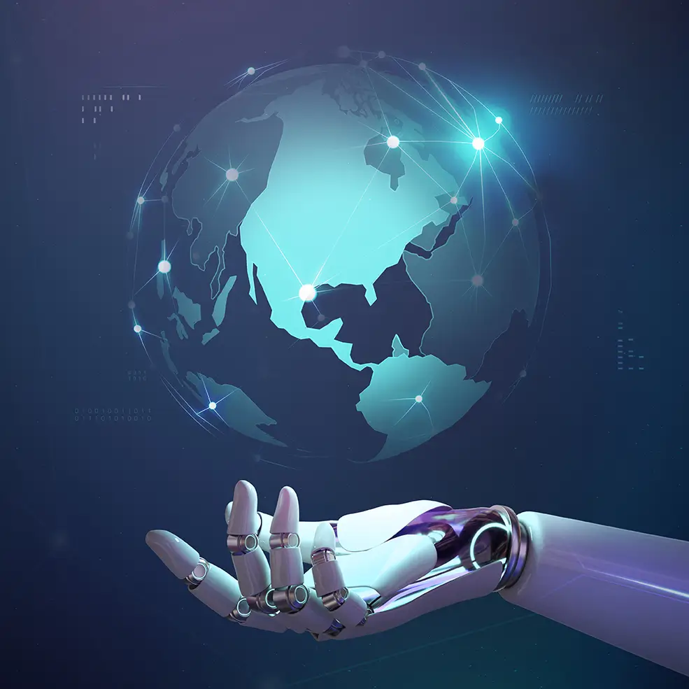 Global artificial intelligence network visualization showing a robotic hand supporting a connected digital world